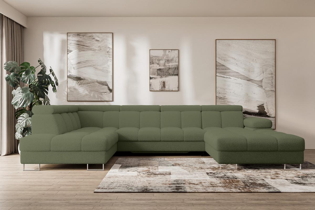 WOHNLANDSCHAFT mit Schlaffunktion und Bettkasten Ottomane Links COMA U 345x203x79 Grün Bouclé - Smaragdgrün, Holzwerkstoff/Textil (345/79/203cm) - ALTDECOR