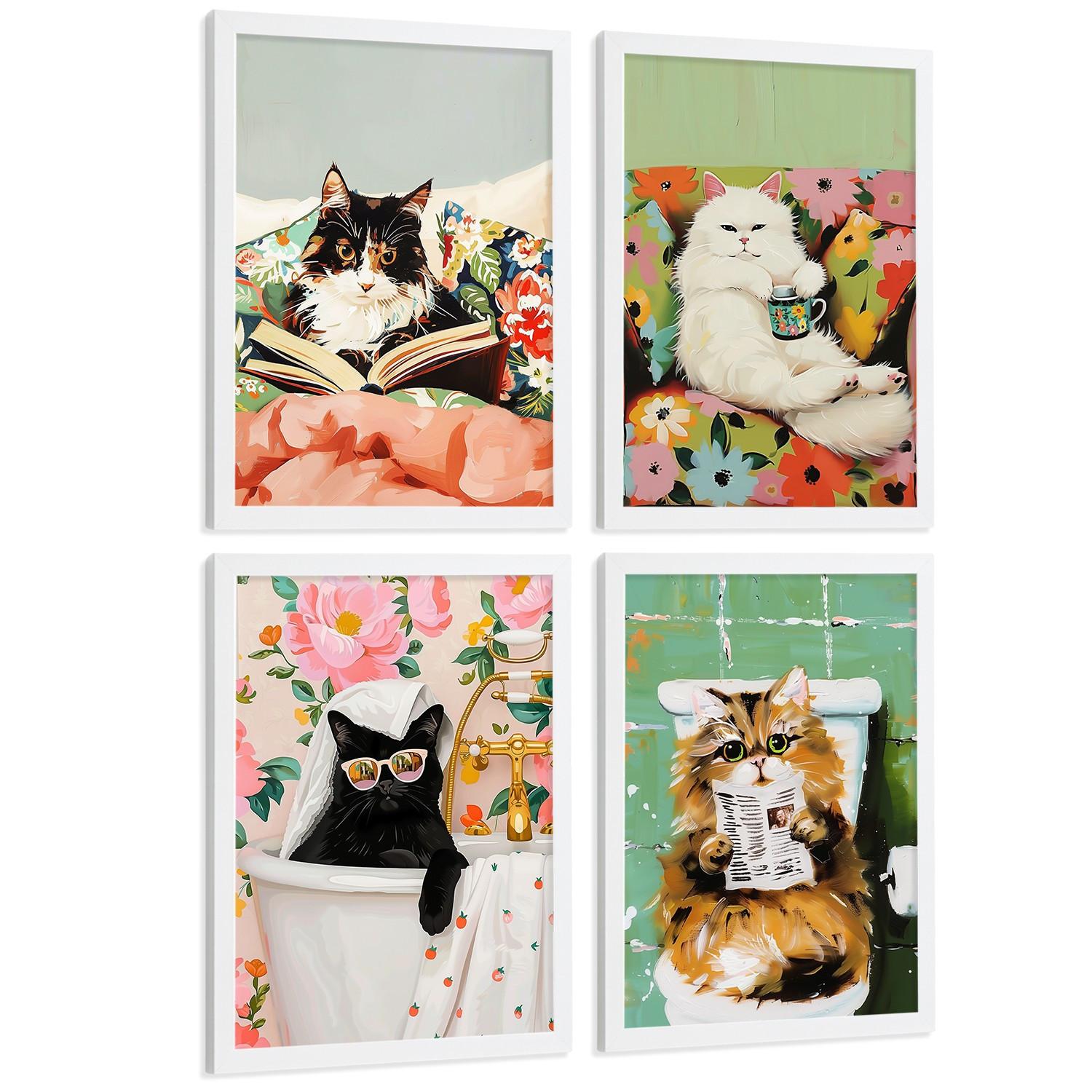 POSTER 4er Kunstdruck-Set Wandbilder Katzen modern Wohnzimmer Deko, Schlafzimmer, Küche, Badezimmer Rahmenlos A4 - Weiß, Papier (29.7/1/21cm) - Nacnic