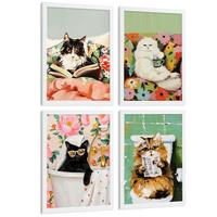 POSTER 4er Kunstdruck-Set Wandbilder Katzen modern Wohnzimmer Deko, Schlafzimmer, Küche, Badezimmer Rahmenlos A3 - Weiß, Papier (29.7/1/42cm) - Nacnic