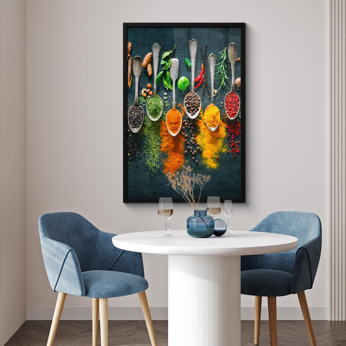 POSTER MIT RAHMENGERAHMTES BILD Kräuter - Gewürze - Löffel 60x90 cm - Currygelb, Papier (60/90cm) - MuchoWow