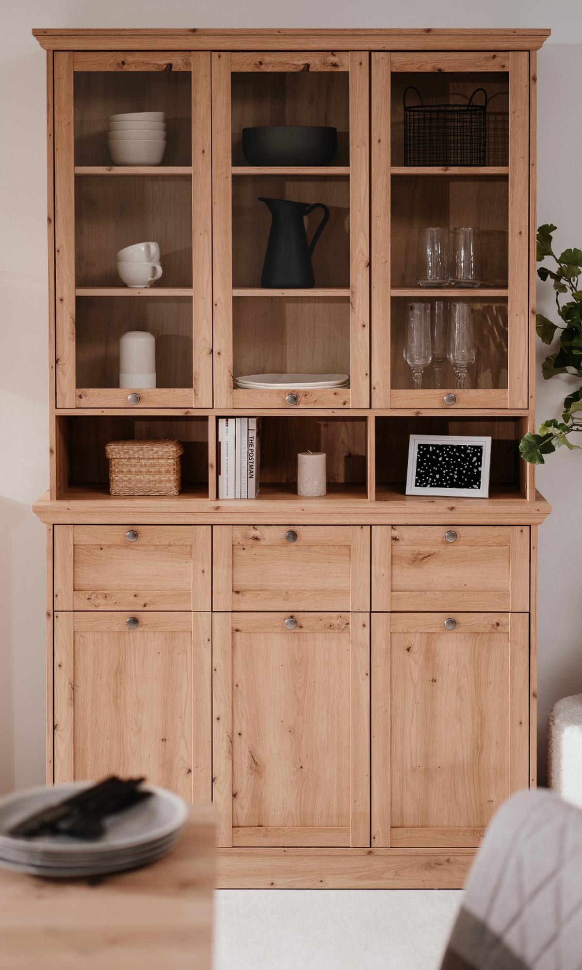 BUFFETSCHRANK Eiche Artisan 120 cm, Vitrine Landhaus - Eichefarben/Silberfarben, Glas/Holzwerkstoff (120/200/40cm) - Furn.Design