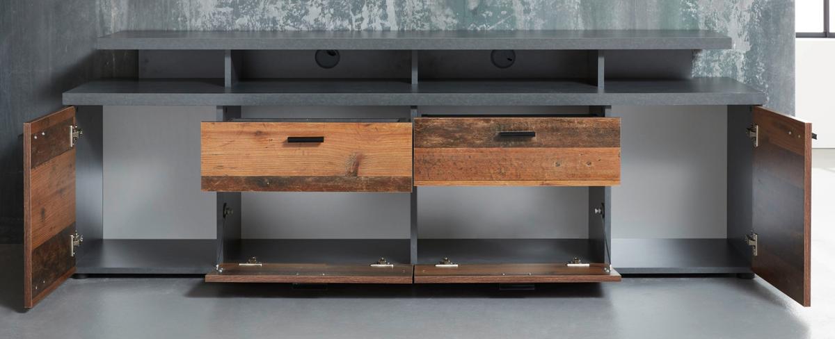 TV-LOWBOARD Old Used Wood Design mit grau Shabby 180 x 66 cm, TV Unterteil in Komforthöhe - Schwarz/Braun, Holzwerkstoff/Kunststoff (180/66/47cm) - Top.Furn