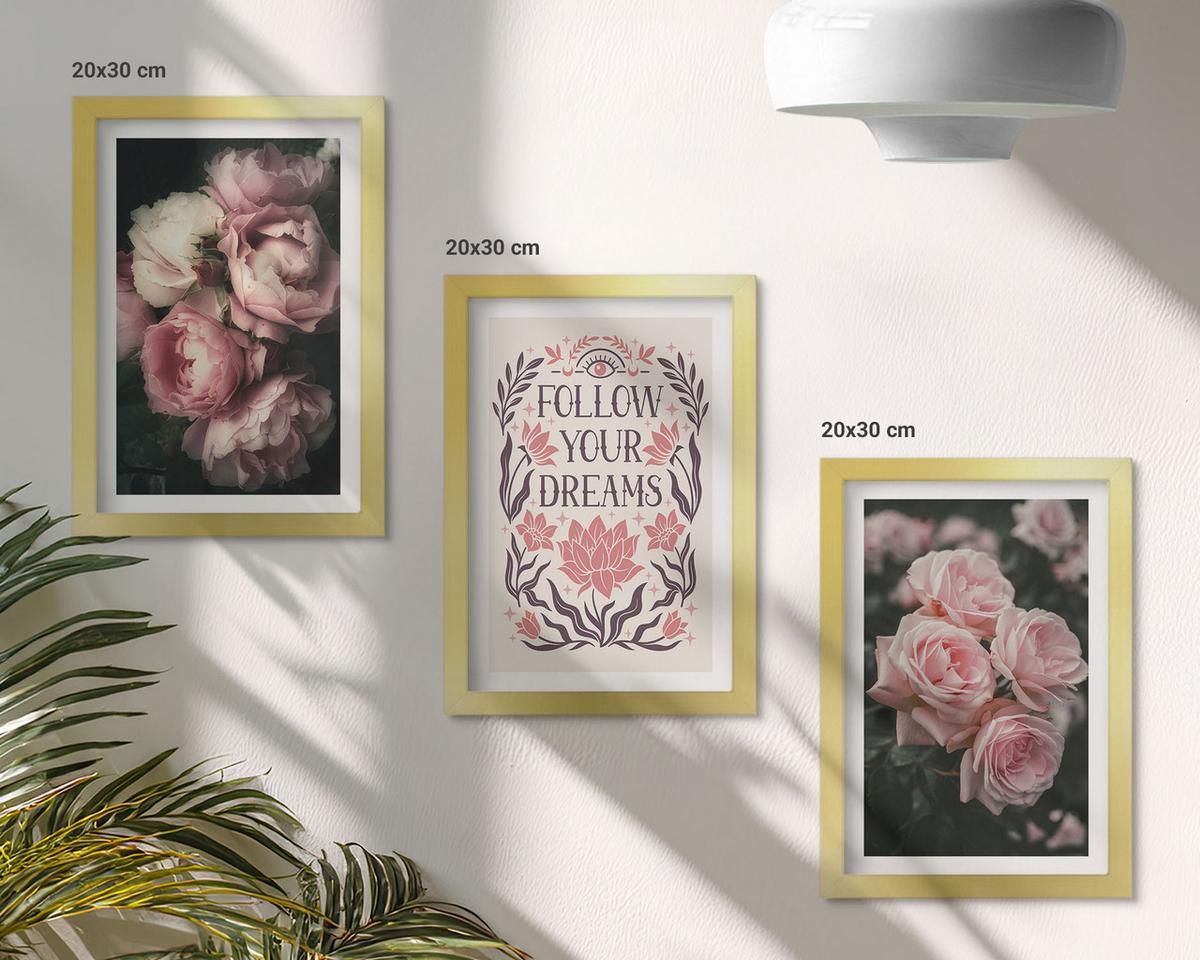 BILDER SET 3er Set - 20x30 cm Goldrahmen - Vintage-Rosenträume-Inschrift - Goldfarben, Kunststoff (20/30cm) - TULUP