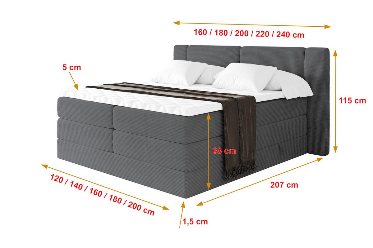 BOXSPRINGBETT mit Matratze H3/H4 - EVON KING - 180x200 cm Dunkelgrau - Graphitfarben, Holzwerkstoff (180/200cm) - ALTDECOR
