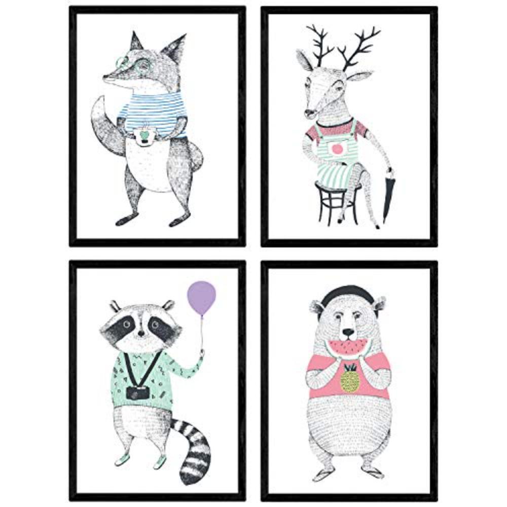 POSTER Set mit 4 Moderne skandinavische Tiere A3 Schwarzer Rahmen - Schwarz, Papier (29.7/3cm) - Nacnic