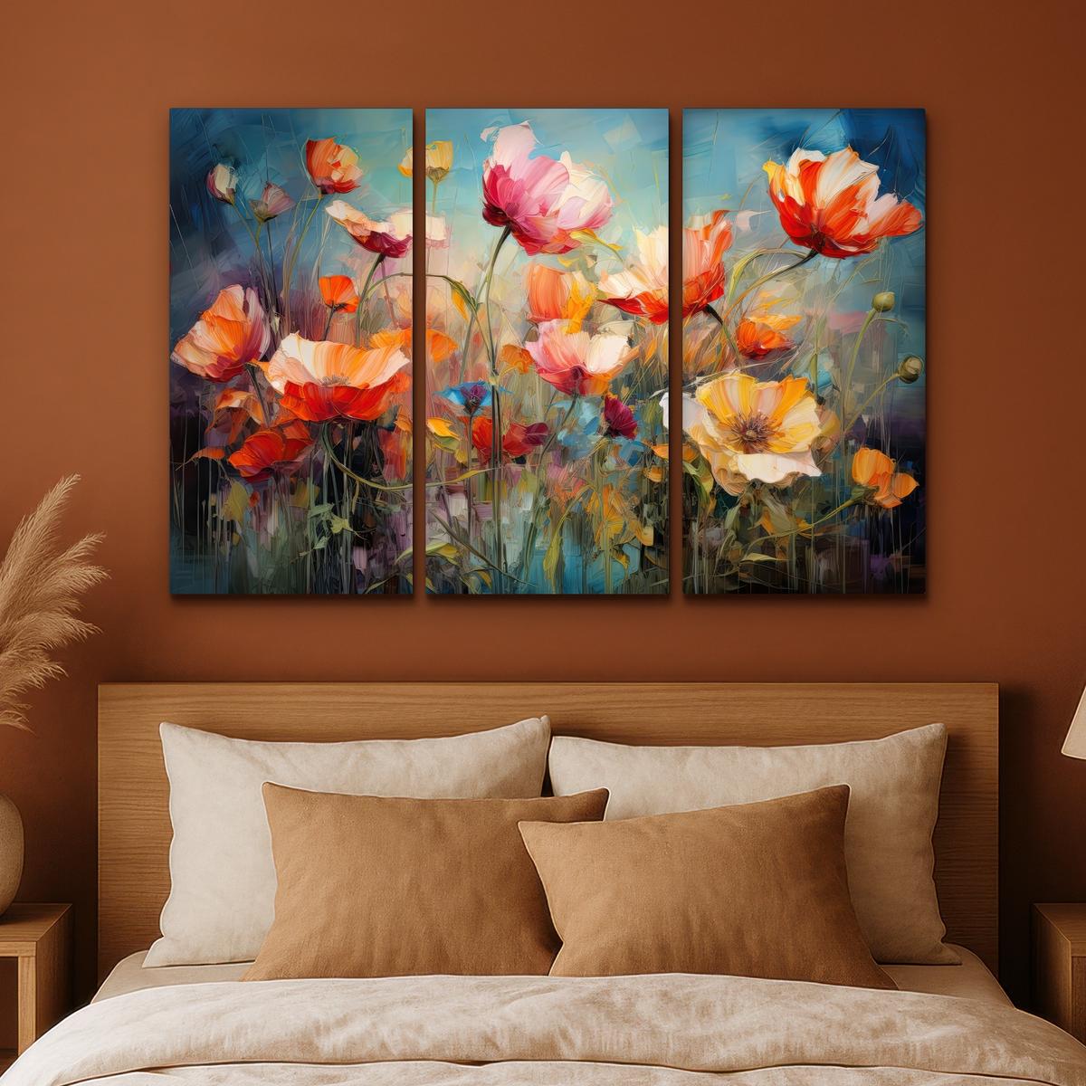 LEINWANDBILD 3er Set Blumen - Bunt - Abstrakt 180x120 cm - Blaugrau, Textil (180/120cm) - MuchoWow