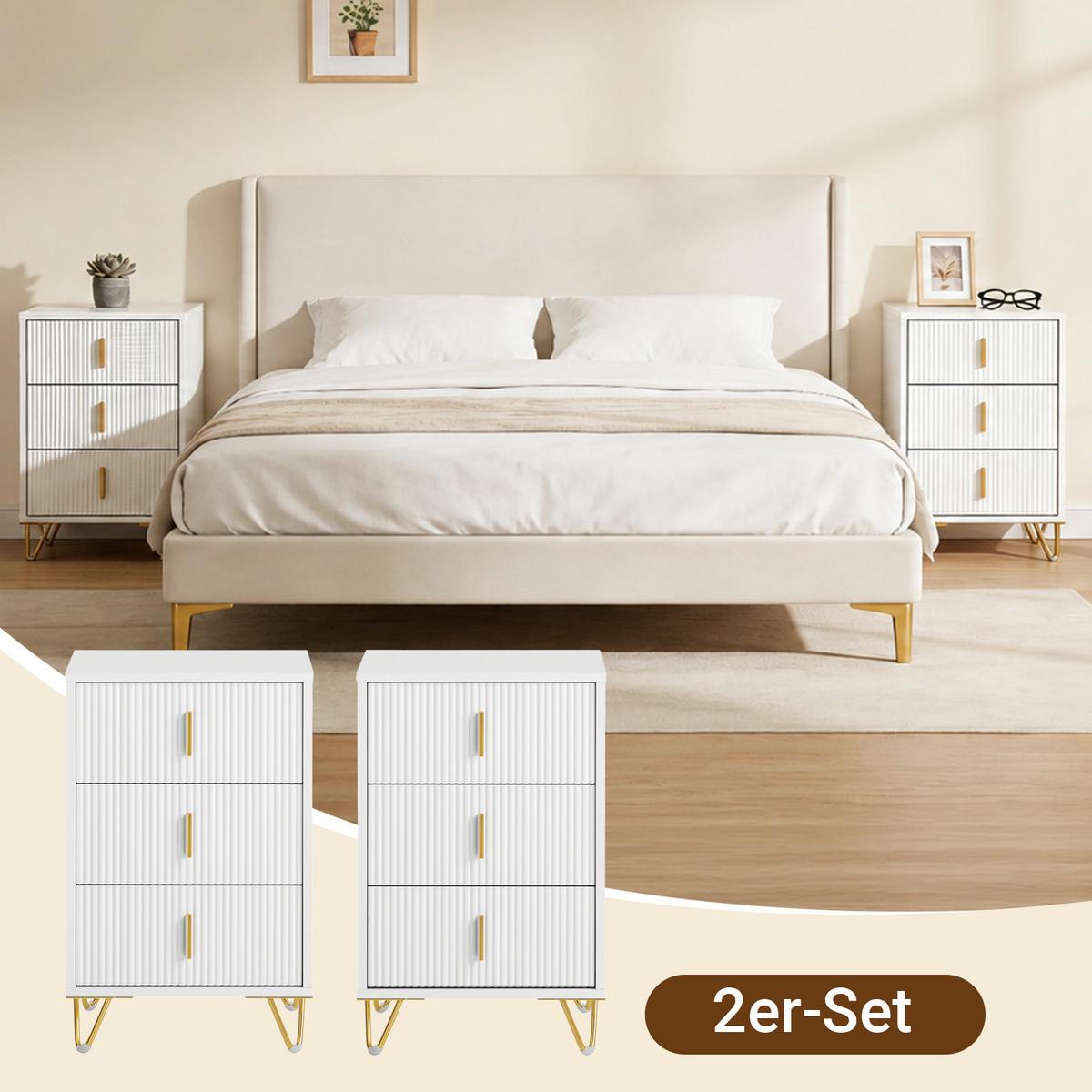 NACHTTISCH 2er Set, Beistelltisch mit 3 Schubladen, Weiß 40x40x63cm - Weiß, Holzwerkstoff (40/63/36cm) - SoBuy