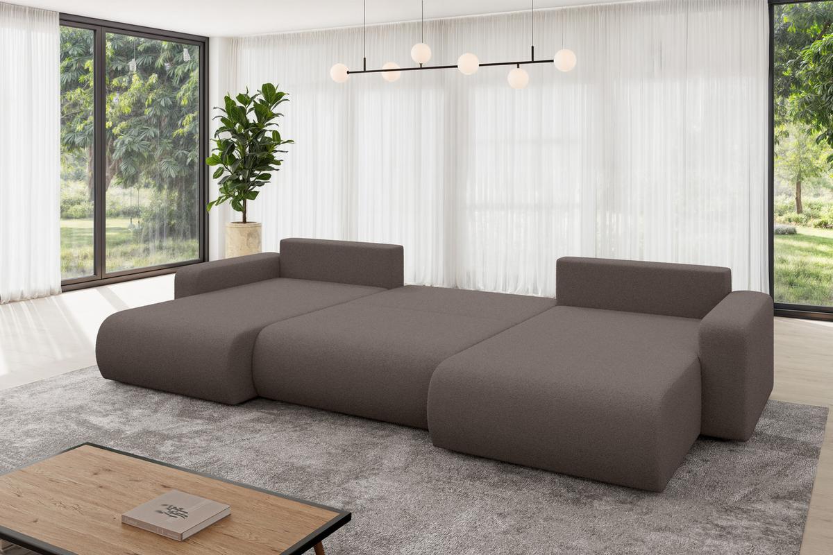 WOHNLANDSCHAFT mit Schlaffunktion und Bettkasten BERY-U 377x193x88 Braun Bouclé - Schwarz/Braun, Holzwerkstoff/Kunststoff (377/88/193cm) - ALTDECOR