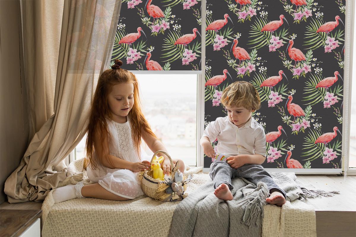INNENROLLO - Fensterrollo - Rollo - 100x180 cm - Flamingos auf Pflanzen - Pink, Kunststoff (100/180/0.5cm) - TULUP