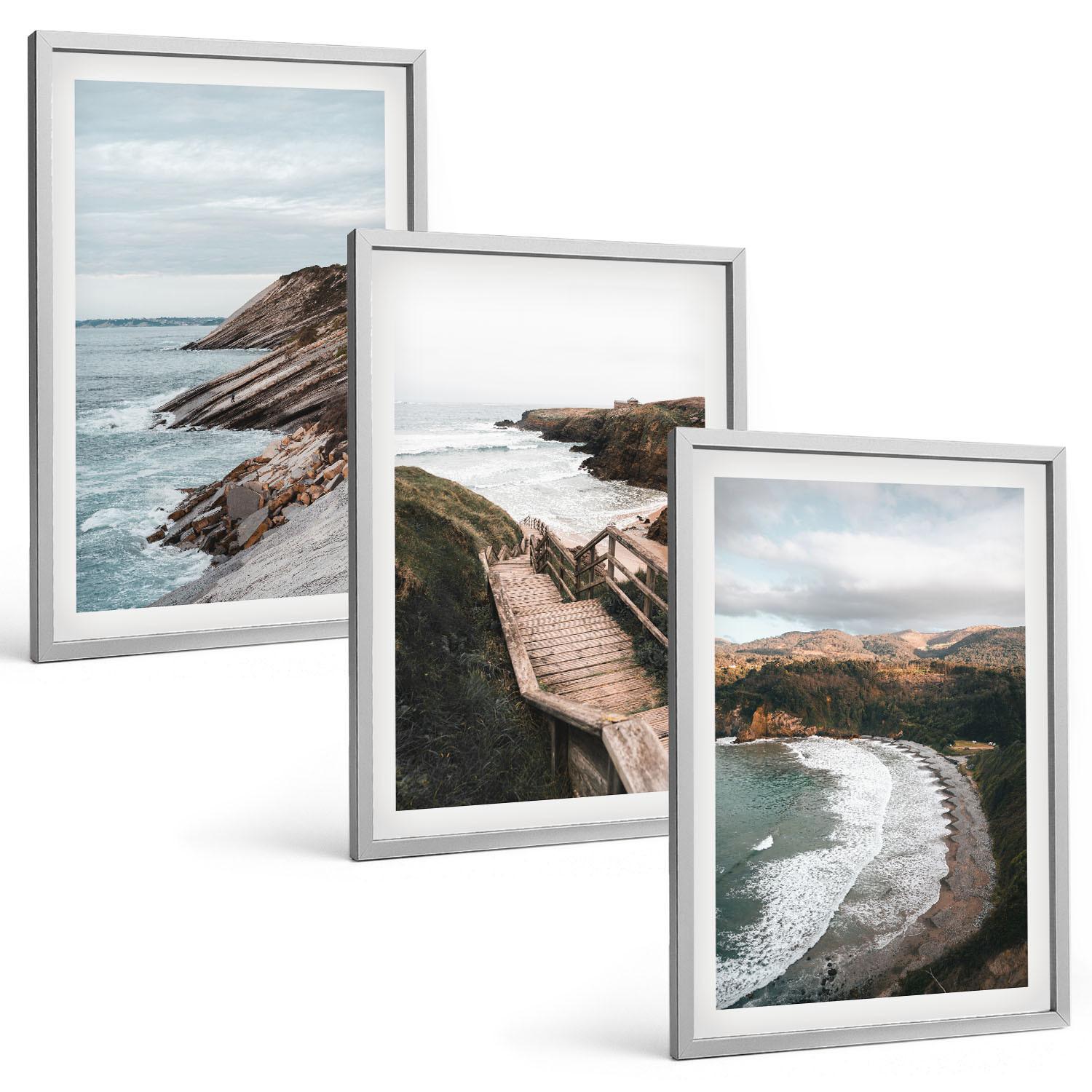 BILDER SET 3er Set - 40x60 cm Silberner Rahmen - Klippenblicke, Strandlandschaften - Silberfarben, Kunststoff (40/60cm) - TULUP