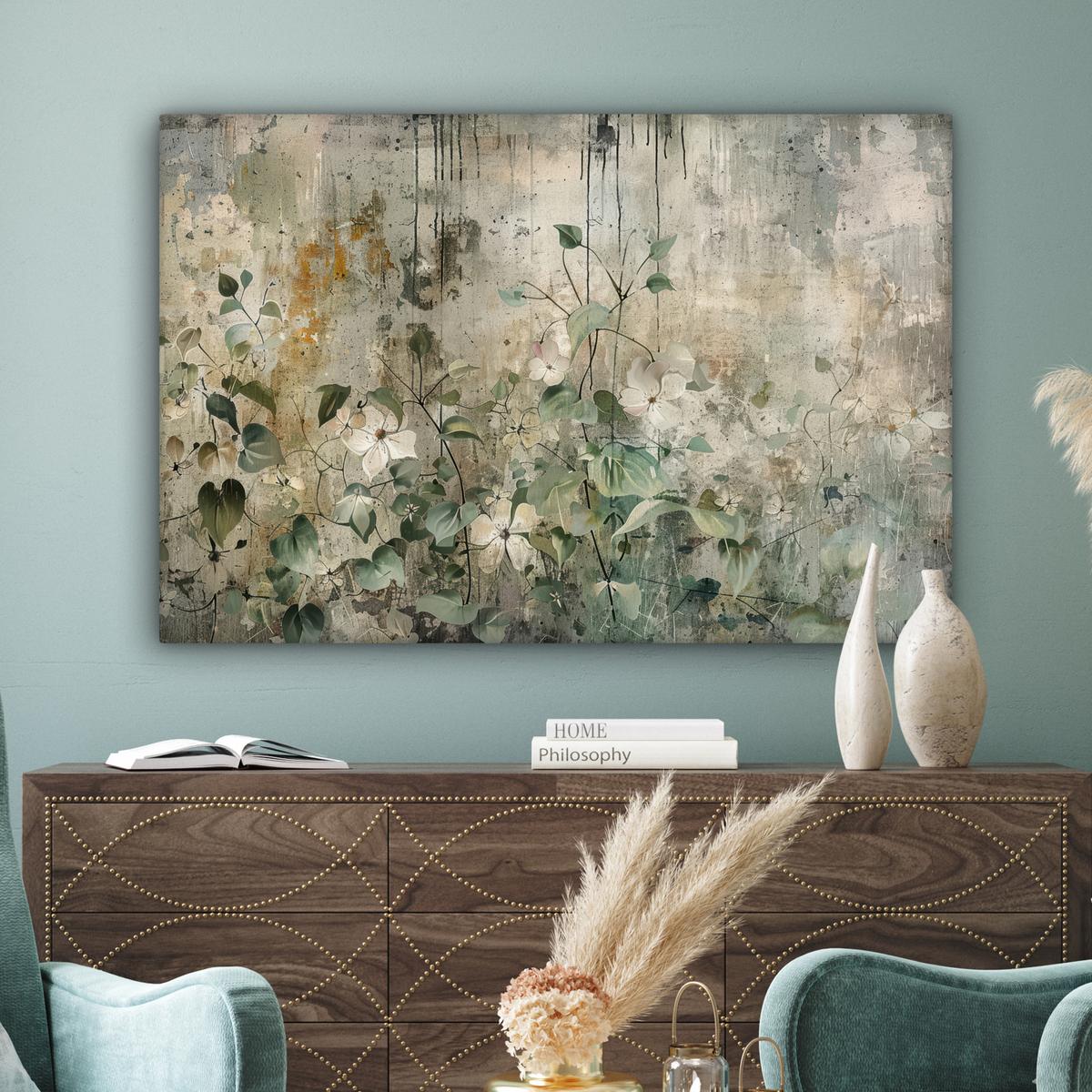 LEINWANDBILD Blumen - Blätter - Abstrakt - Modern Wohnzimmer Groß 120x80 cm - Grau, Textil (120/80cm) - MuchoWow