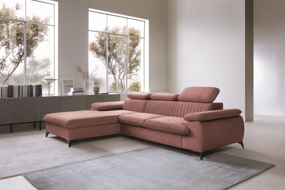 ECKSOFA FIORE Rosa Velours-Stoff mit Schlaffunktion - Rosa, Holz (280/193cm) - MASSENO