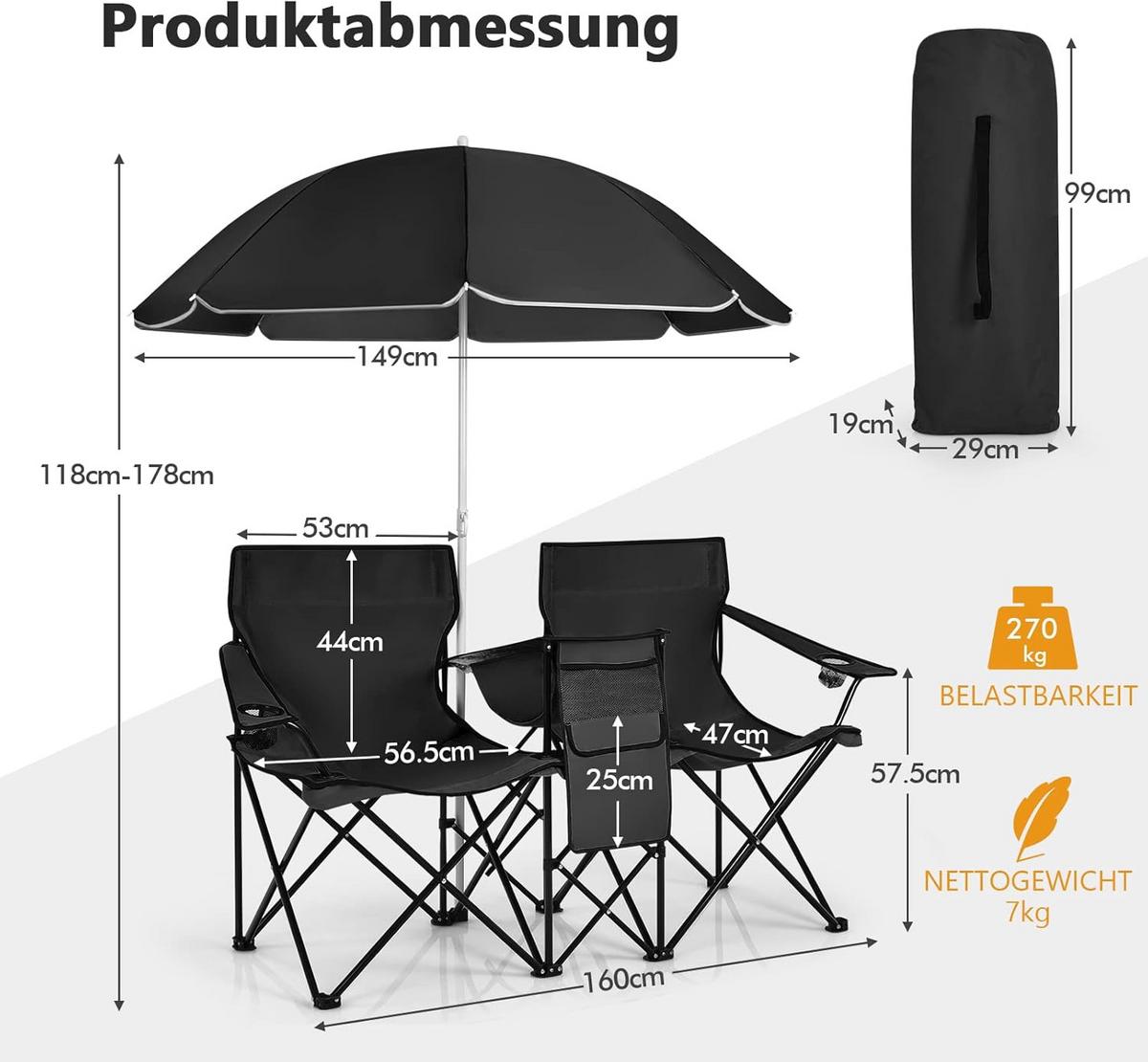 CAMPINGSTUHL Schwarz(2er-Set) - Schwarz, Metall (160/85/55cm) - COSTWAY
