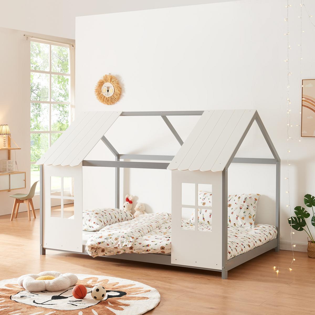 HAUSBETT Tostedt - Weiß/Grau, Holz/Holzwerkstoff (140/200cm) - [en.casa]