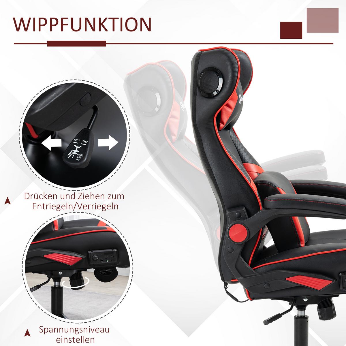 GAMINGSESSEL mit Wippfunktion Gaming Stuhl mit Lautsprecher Bürostuhl Kunstleder - Rot/Schwarz, Leder (73/118/69cm) - Vinsetto