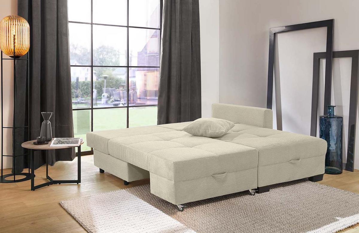 ECKSOFA Doppelbett mit Bettkasten, seitenverkehrt montierbar B247/T155/H87 cm, Liegefläche 183x207 cm, Cord Beige Grau / 15215 - Greige/Schwarz, Kunststoff/Textil (247/155cm) - luma-home
