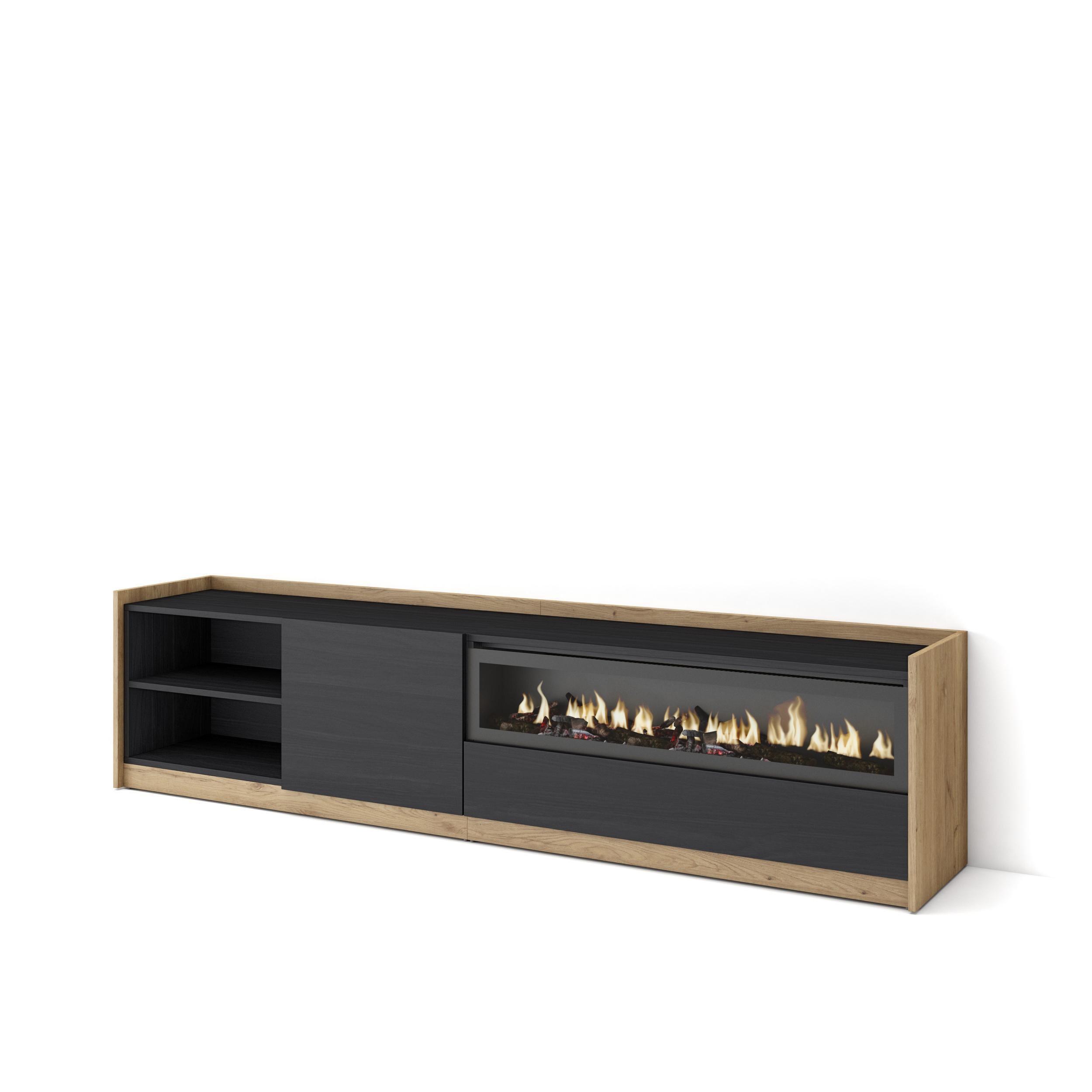 LOWBOARD, Schwarz Eiche, Elektrokamin, 207/37/50cm - Schwarz, Holzwerkstoff (207/50/37cm) - Skraut Home