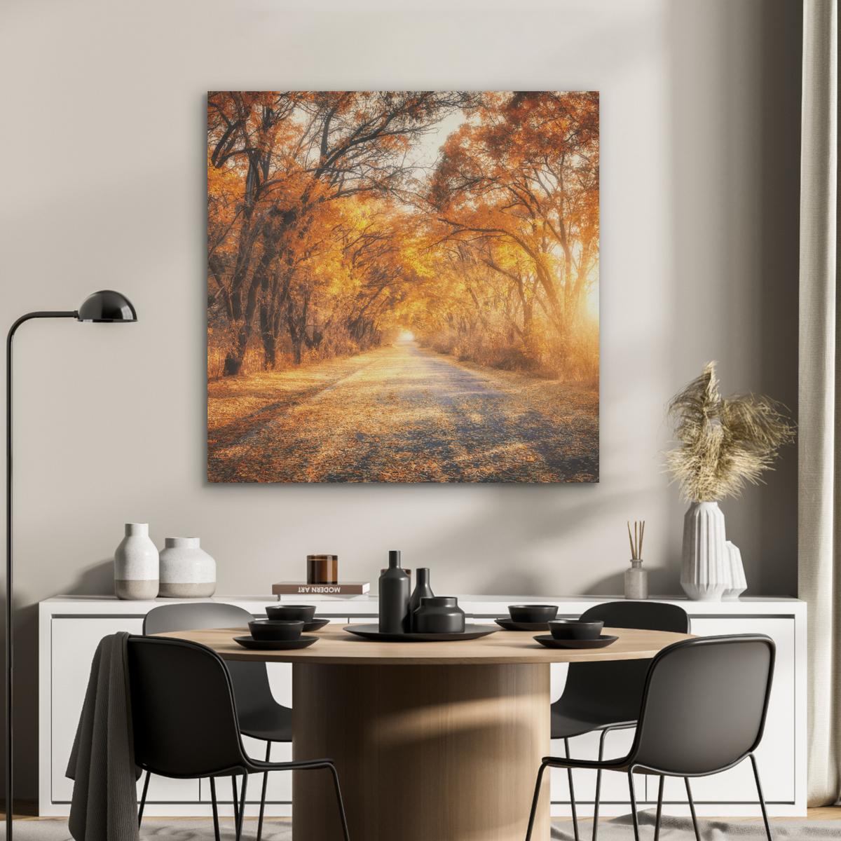 AKUSTIKBILD Wald - Herbst - Bäume - Waldweg - Natur Akustikpaneele 90x90 cm - Bernsteinfarben, Kunststoff (90/90/0.9cm) - MuchoWow