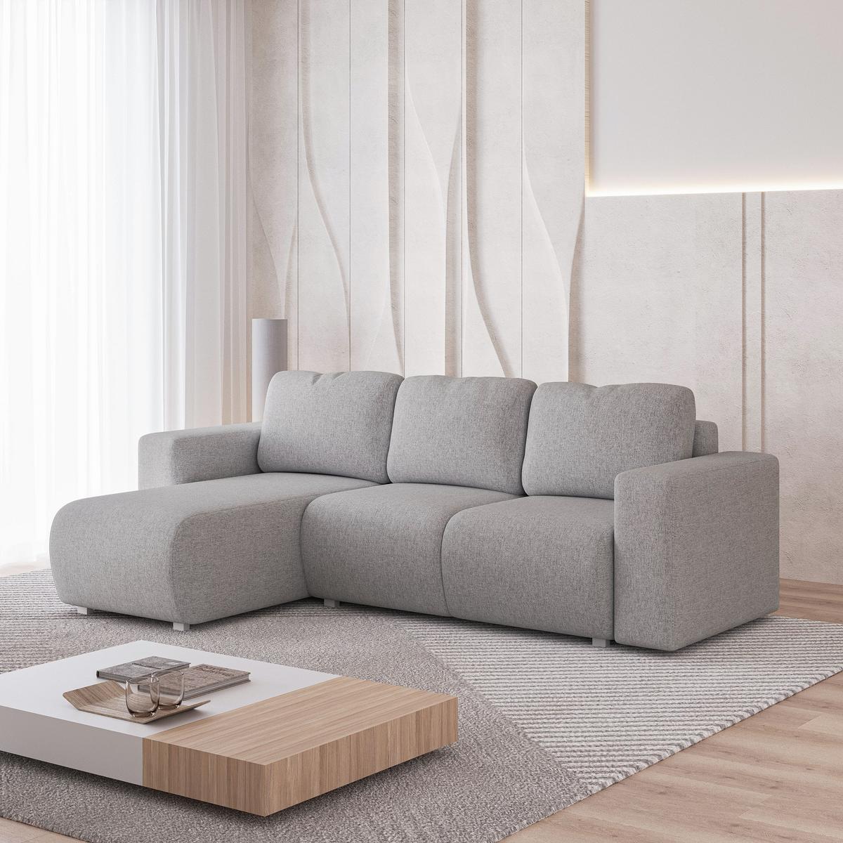 ECKSOFA RINOVA Hellgrau Geflochtener Stoff mit Schlaffunktion - Hellgrau, Holz (250/143cm) - MASSENO
