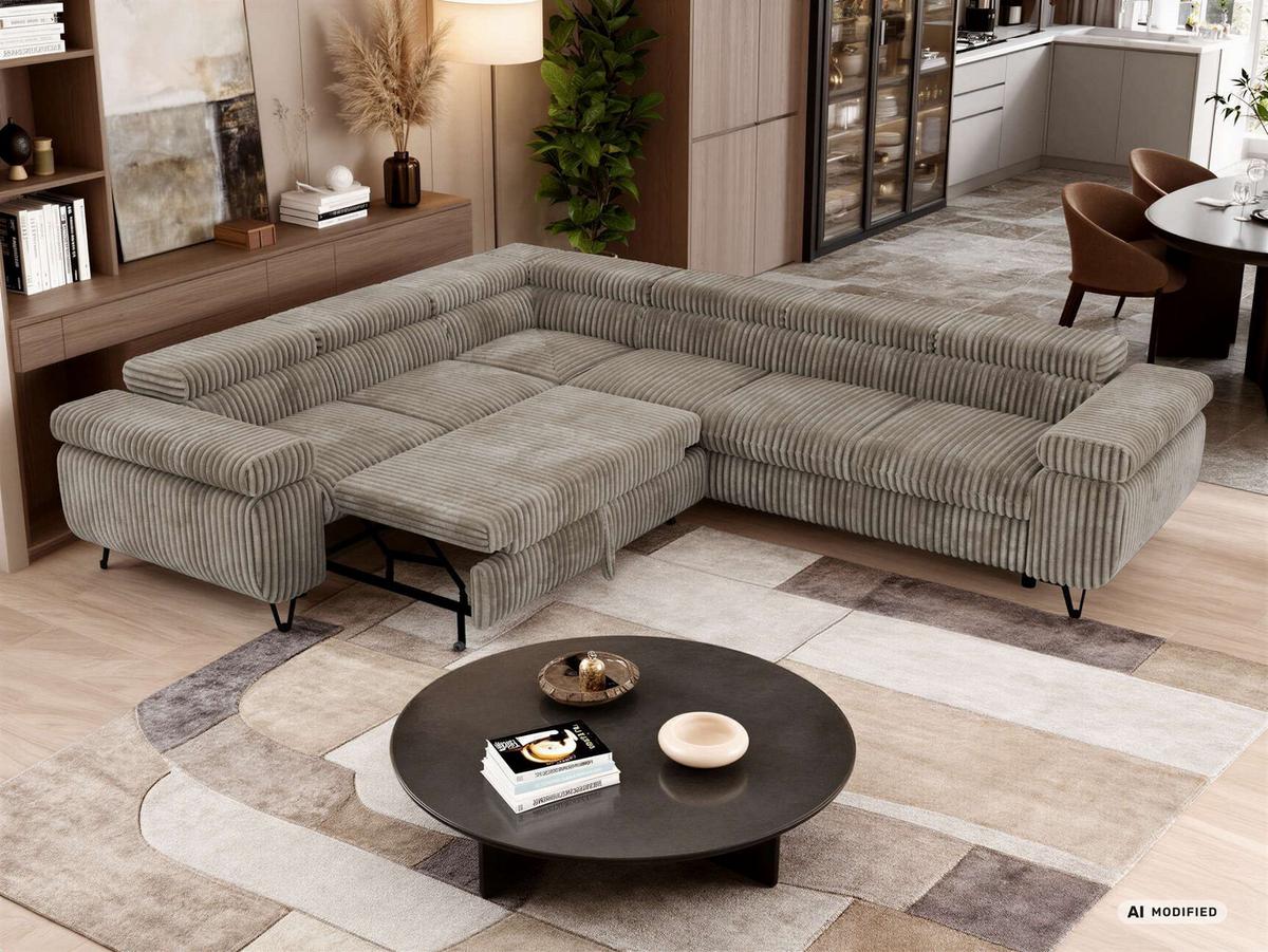 ECKSOFA NORDEN L - Hellbraun Cord - Rechts Seite - Hellbraun/Schwarz, Textil/Metall (329/269cm) - MKS