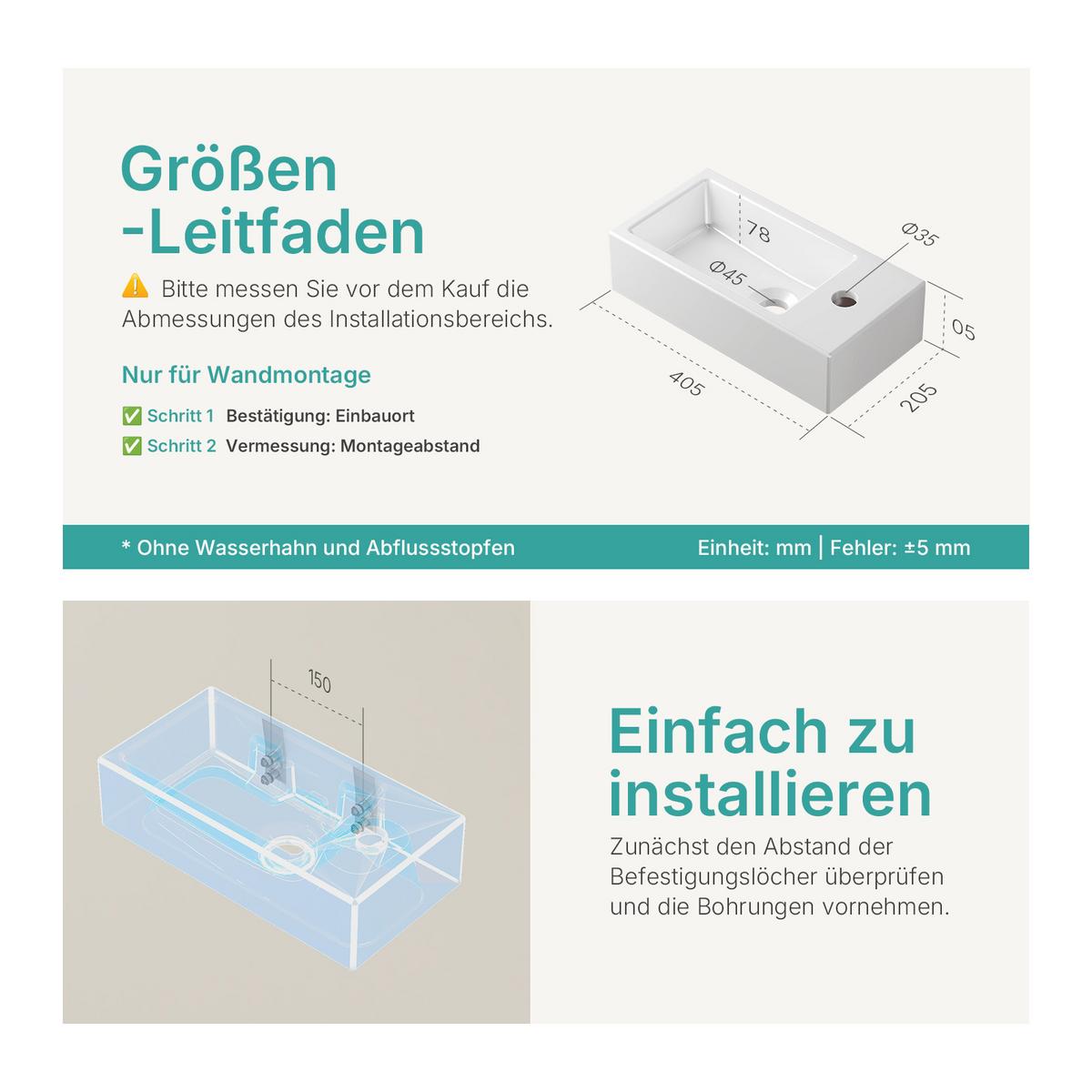 HANDWASCHBECKEN mit pflegeleichter Oberfläche Weiß 40,5 / 20,5 / 10,5 cm - Weiß Hochglanz, Keramik (40.5/10.5/20.5cm) - EMKE