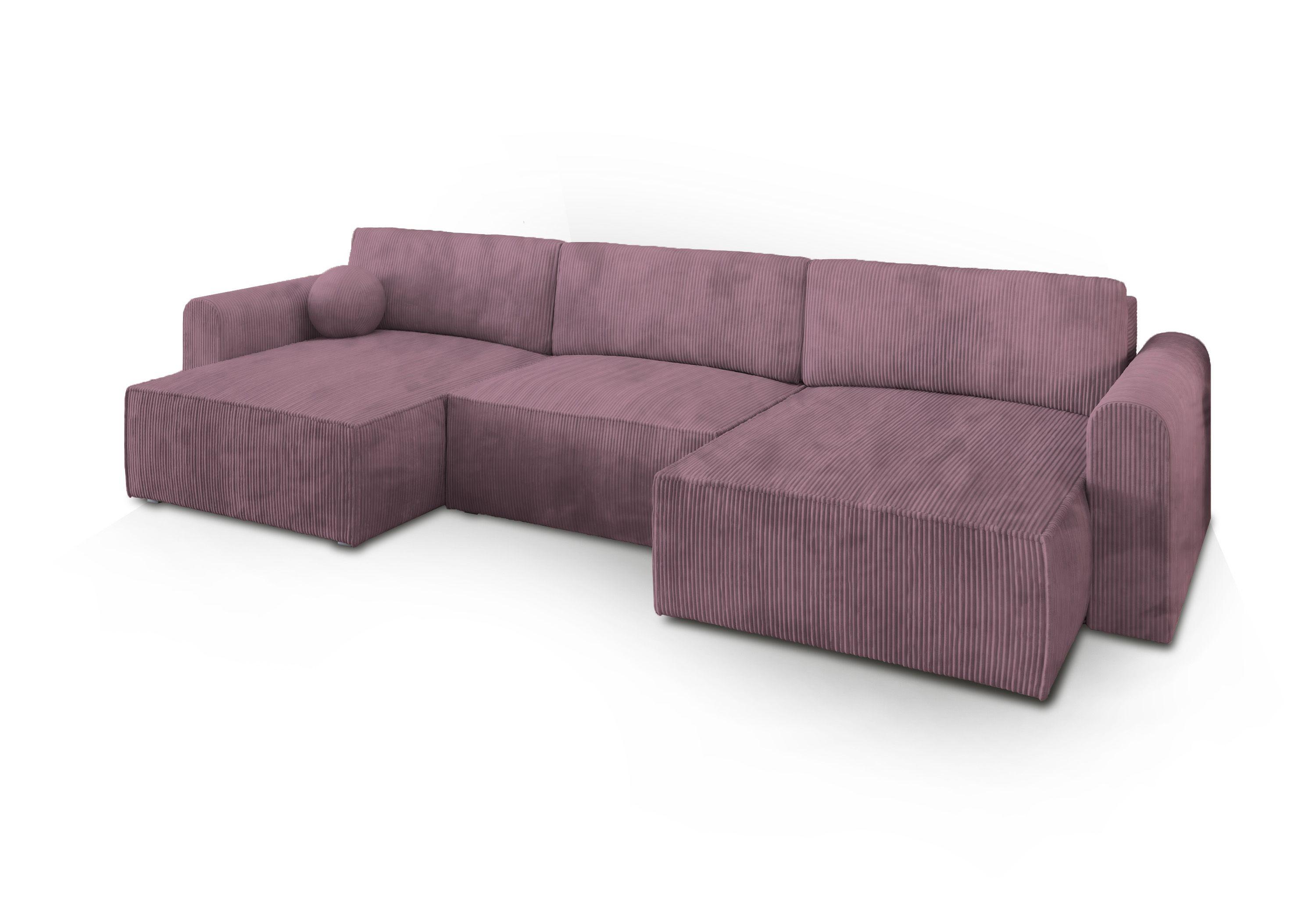 WOHNLANDSCHAFT FENTO P Lila Kordstoff mit Schlaffunktion - Lila/Grau, Holz/Kunststoff (347/90/148cm) - MASSENO