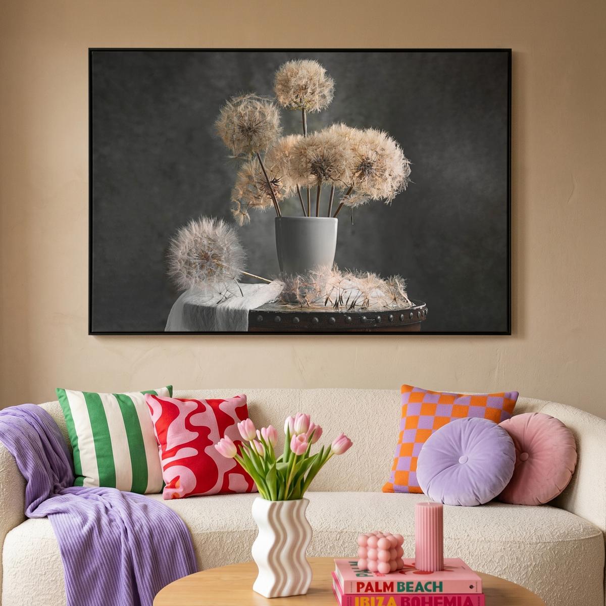 LEINWAND Bilder mit Rahmen - Blumensamen - Löwenzahn - Vase - Stilleben - Blumenstrauß - 140x90 - Dunkelgrau, Textil (140/90cm) - MuchoWow