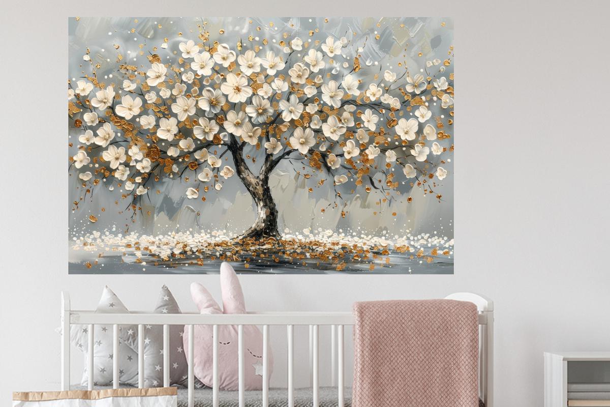 WANDTATTOO Baum - Blumen - Weiß - Natur - Kunst Wandsticker 120x80 cm - Weiß, Kunststoff (120/80/0.1cm) - MuchoWow