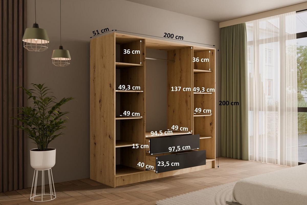 KLEIDERSCHRANK NELIA - 200 cm - Schwarz/Eiche Artisan, Holzwerkstoff (200/200/51cm) - ALTDECOR