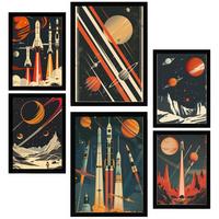 POSTER Set Mit 6 Raumschiff Rakete Planeten Vintage Rot & Blautöne A3 & A4 Schwarzer Rahmen - Schwarz, Papier (29/3cm) - Nacnic