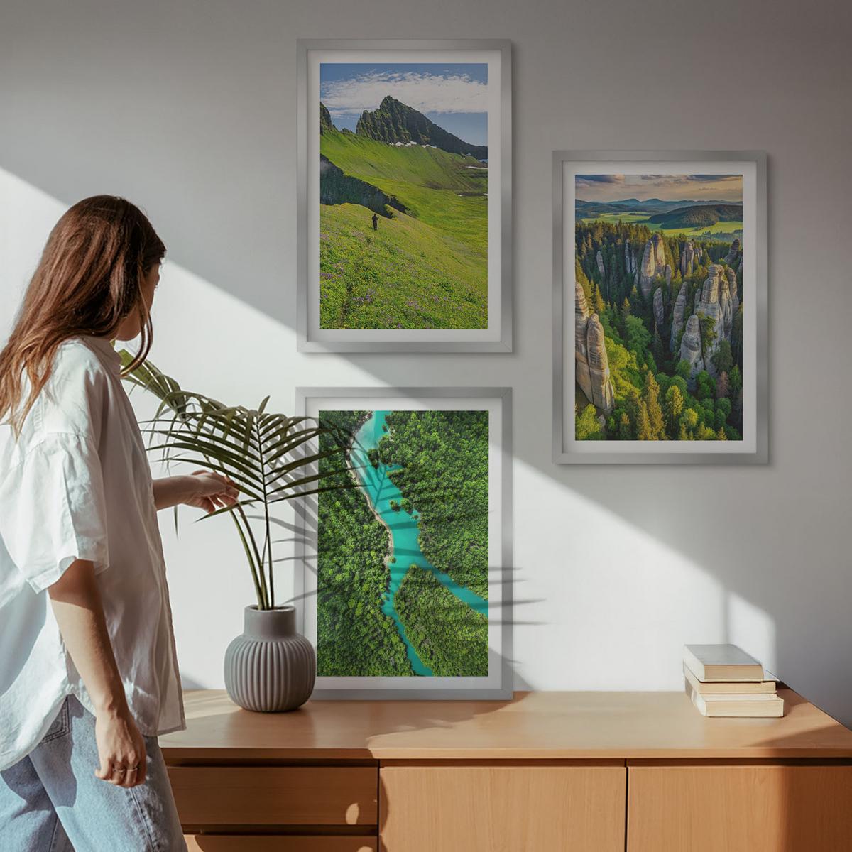 BILDER SET 3er Set - 40x60 cm Silberner Rahmen - Grüne Berge, Flussfelsen - Silberfarben, Kunststoff (40/60cm) - TULUP