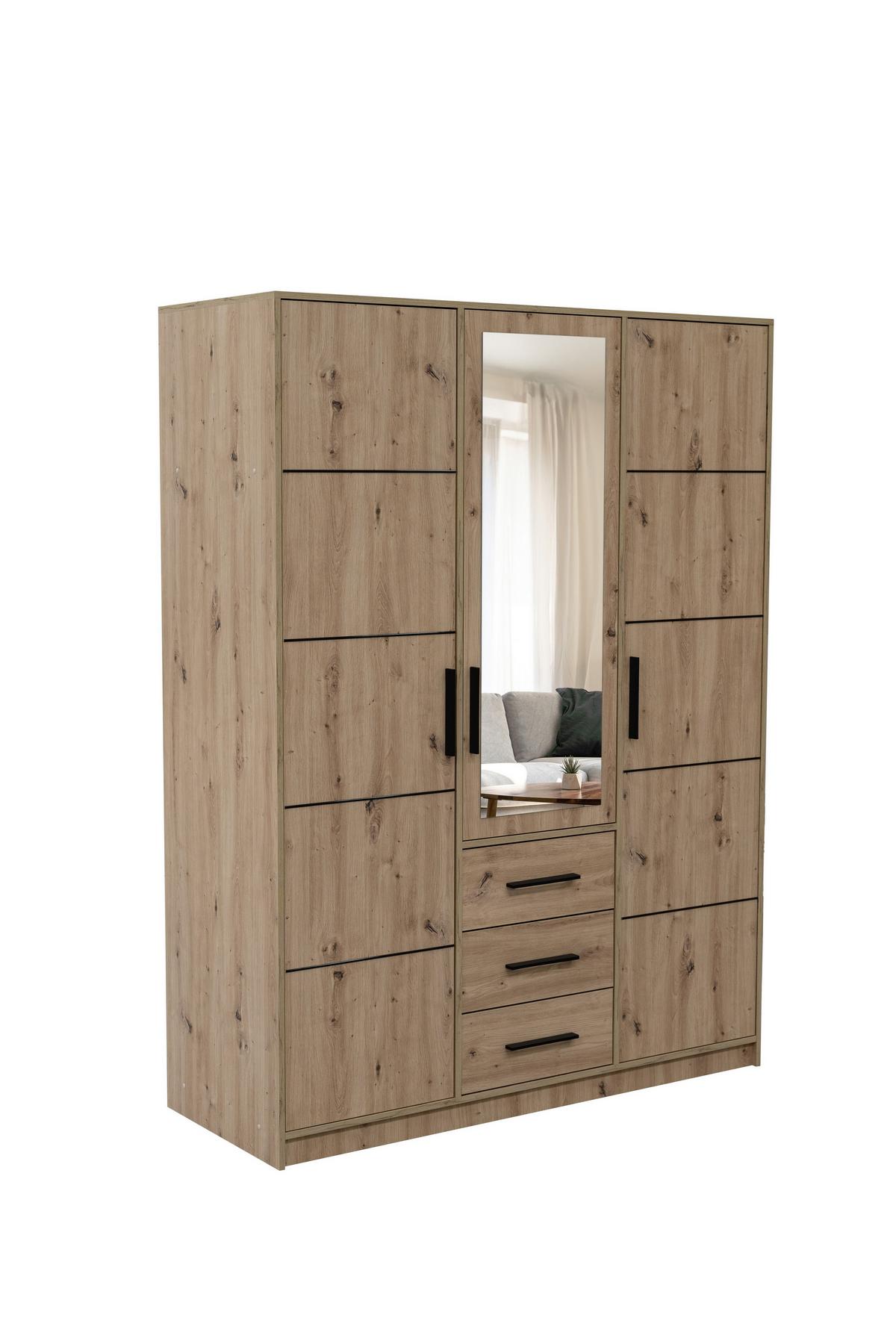 DREHTÜRENSCHRANK FIORA 149/200/57,5 cm 3-türig mit Spiegel Eiche Artisan - Eiche Artisan, Holzwerkstoff (149/200/57.5cm) - MASSENO