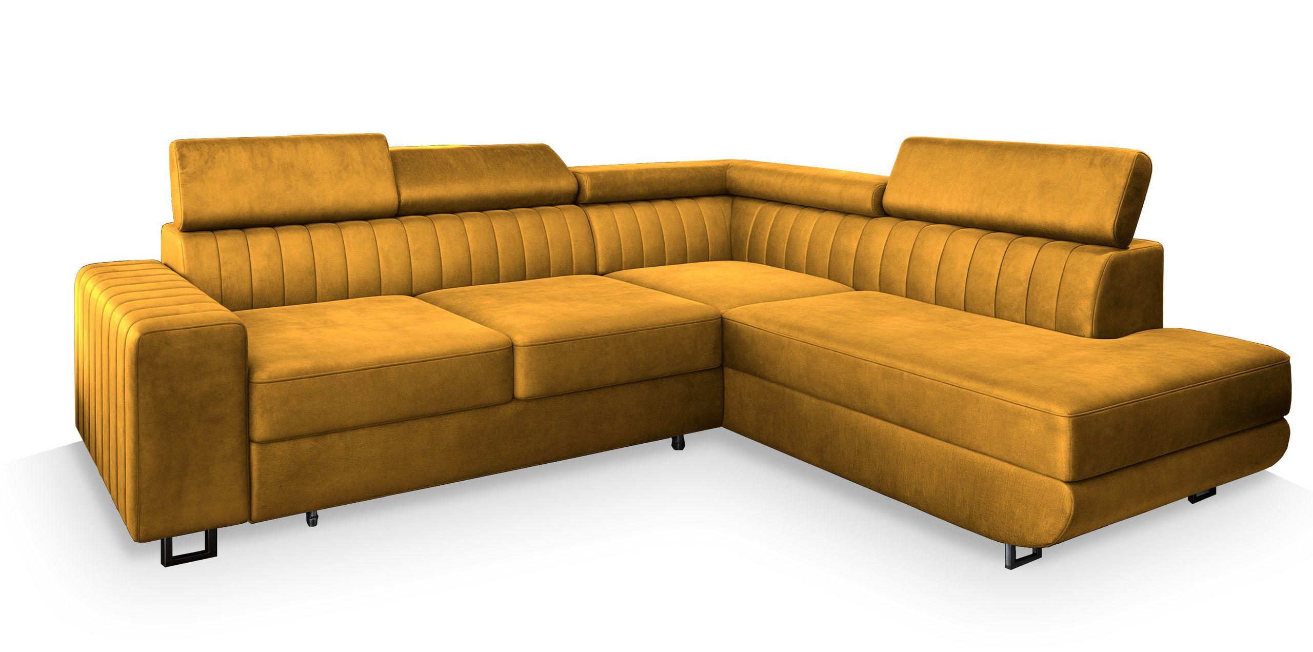 ECKSOFA NOLA R-S Gelb Velours-Stoff mit Schlaffunktion - Gelb/Silberfarben, Holz/Textil (253/190cm) - MASSENO