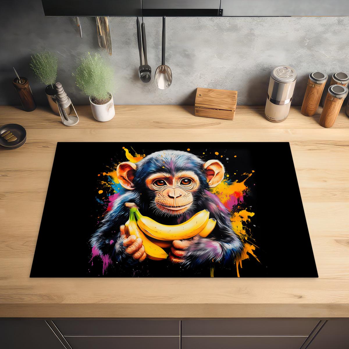 HERDABDECKPLATTE Affe - Graffiti - Farbenfroh - Bananen - Modern Ceranfeldabdeckung 76x51.5 cm - Gelb, Kunststoff (76/51.5/0.2cm) - MuchoWow