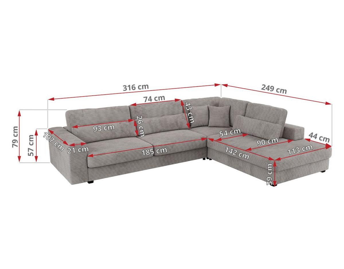 ECKSOFA Savona Grau Cord - rechts - Schwarz/Grau, Kunststoff/Textil (249/316cm) - MKS