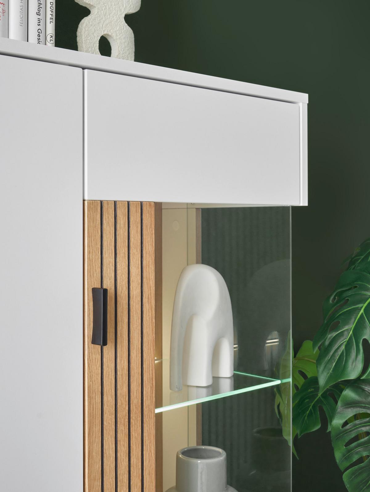 WOHNWAND 4-teilig weiß matt, Eiche 320 cm, Wohnkombination mit viel Stauraum und Soft-Close - Eichefarben/Schwarz, Glas/Holzwerkstoff (320/180/42cm) - Furn.Design