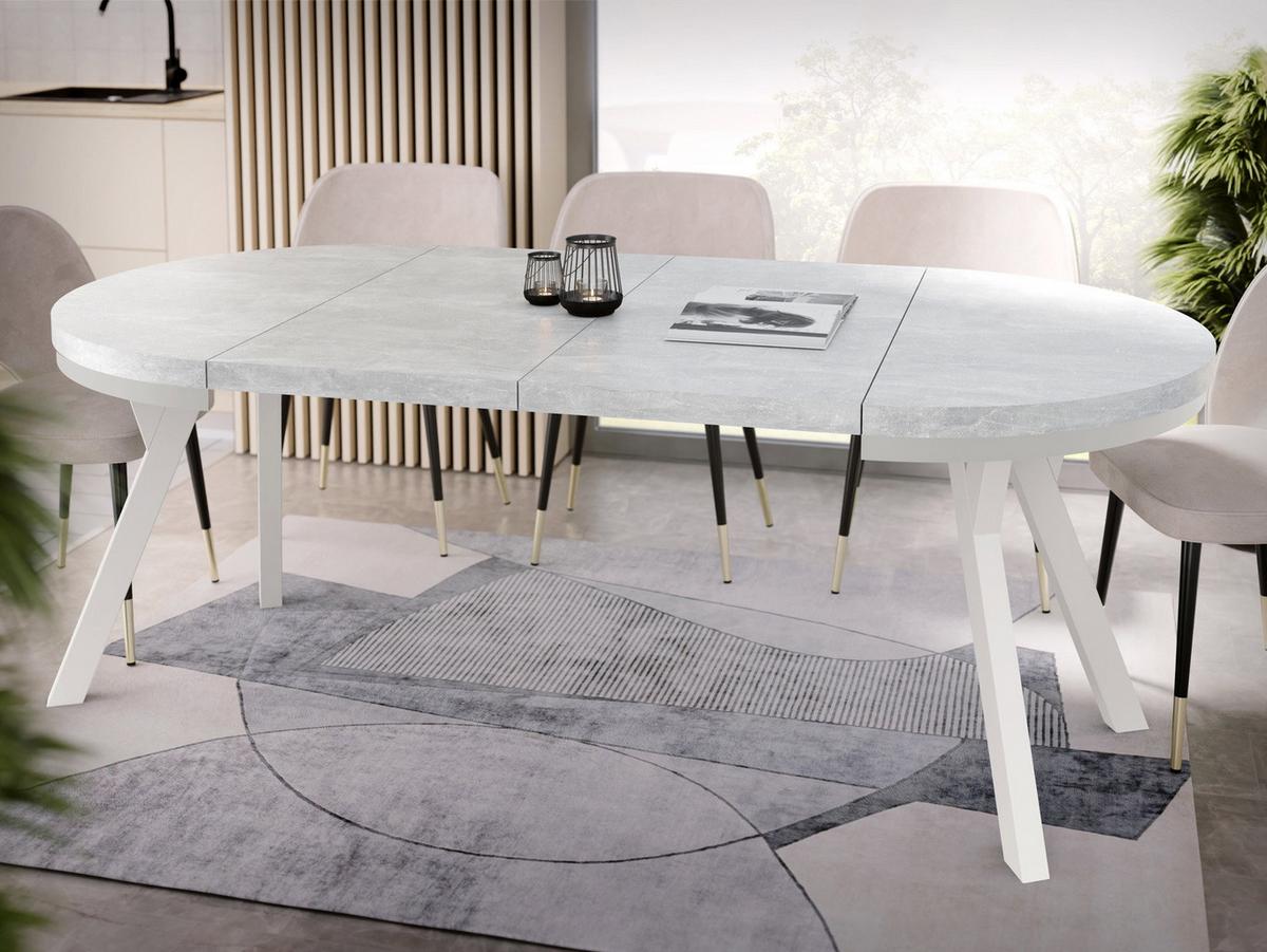 ESSTISCH Lume Weiß runder ausziehbarer, Grauer Beton 100-200/100/76 cm - Hellgrau/Weiß, Holz/Holzwerkstoff (100/200/76cm) - WFL GROUP