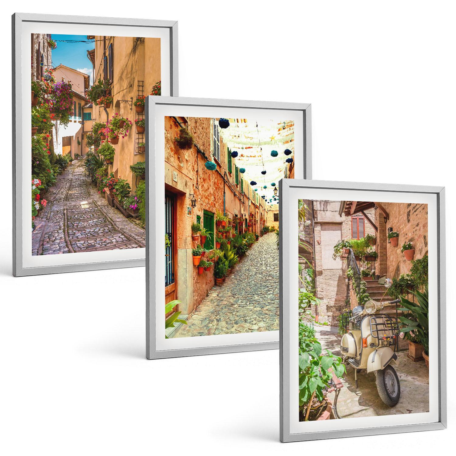 BILDER SET 3er Set - 40x60 cm Silberner Rahmen - Straßen, Blumen, italienisches Flair - Silberfarben, Kunststoff (40/60cm) - TULUP