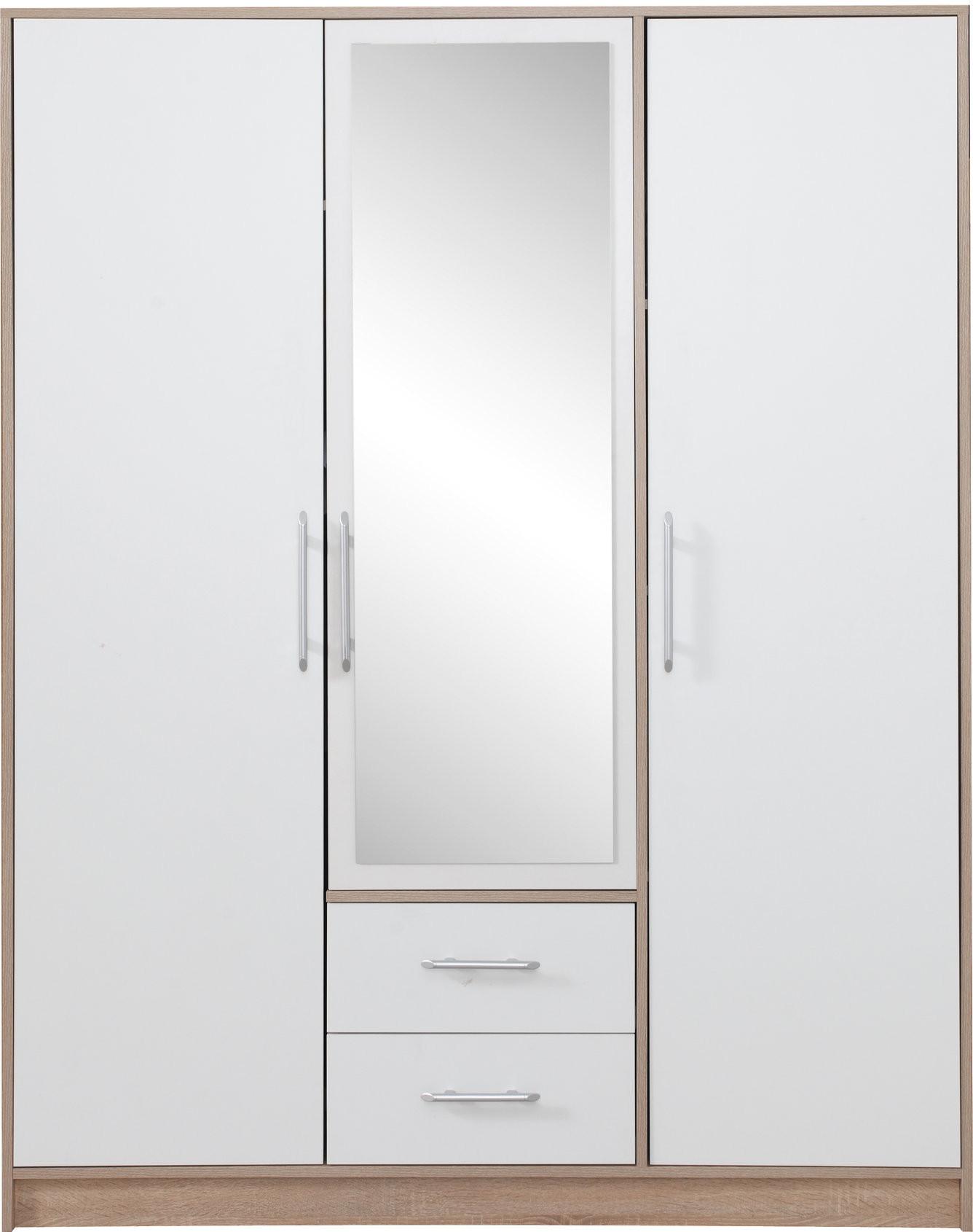 DREHTÜRENSCHRANK VANO 150/190/56cm 3-türig mit Spiegel Weiß - Weiß, Holzwerkstoff (150/190/56cm) - MASSENO