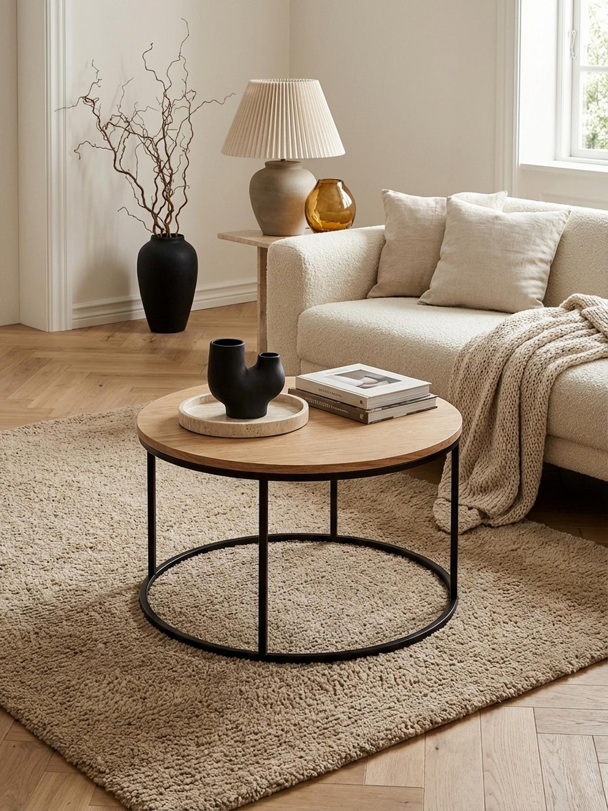 COUCHTISCH Rund in Eichefarben, Holz-Metall-Kombination, Modernes Design, Maße: 70x70x45 cm - Schwarz/Braun, Metall (70/70/45cm) - KADIMA DESIGN