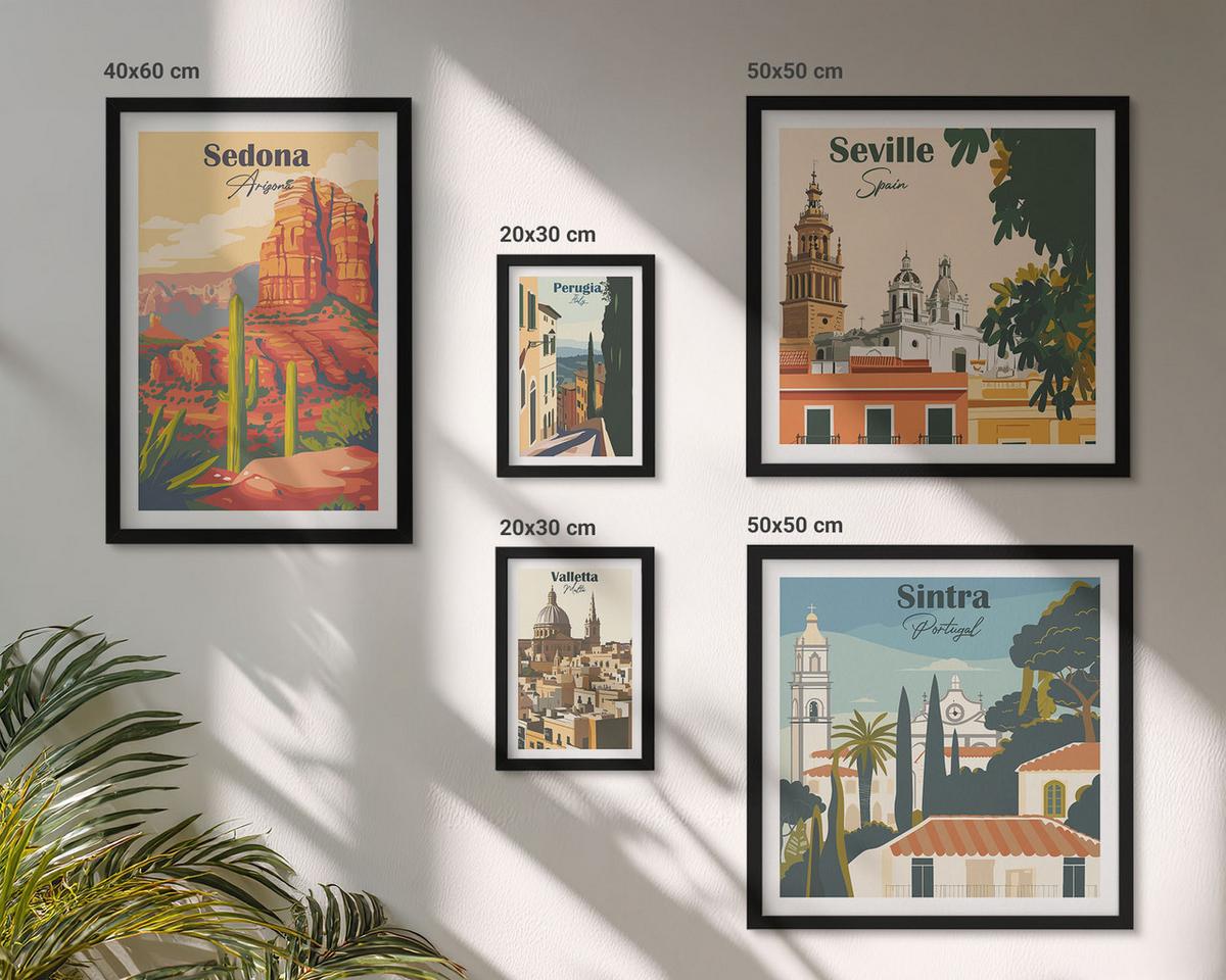 BILDER SET 5er Set - 50x50 cm & 20x30 cm & 40x60 cm Schwarzer Rahmen - Illustrationen von Küstenstädten - Schwarz, Kunststoff (40/60cm) - TULUP