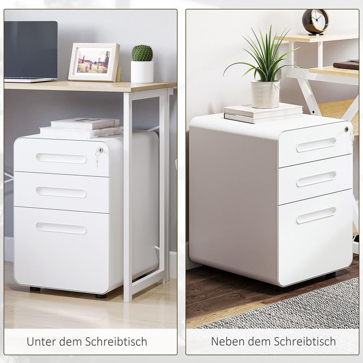 ROLLCONTAINER Aktenschrank mit 3 Schubladen Bürocontainer Stahl Weiß - Weiß, Metall (48/59/39cm) - Vinsetto