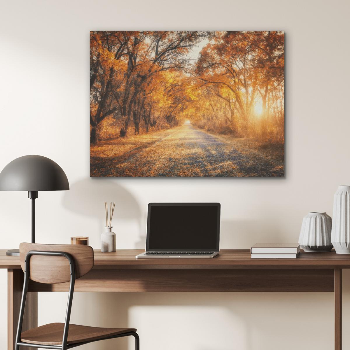 AKUSTIKBILD Wald - Herbst - Bäume - Waldweg - Natur Gemälde 80x60 cm - Bernsteinfarben, Kunststoff (80/60/0.9cm) - MuchoWow