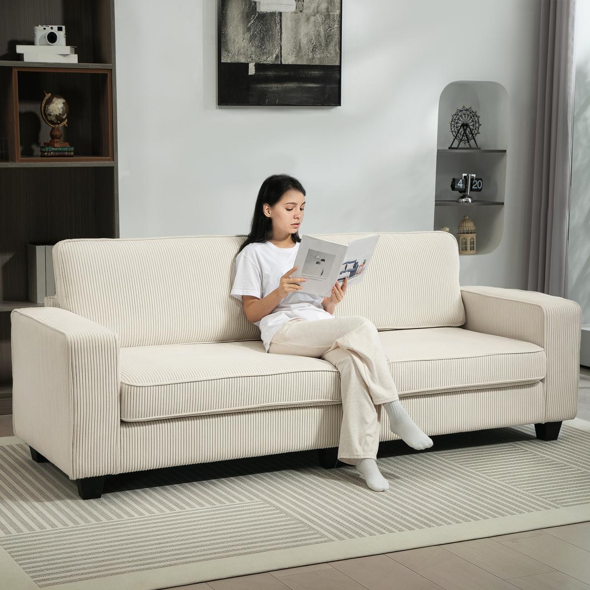 3-SITZER Sofa mit Cordbezug, Wohnzimmersofa mit Federkern, bis 400 kg, Cremeweiß - Creme/Schwarz, Kunststoff/Textil (84/87/227cm) - HOMCOM