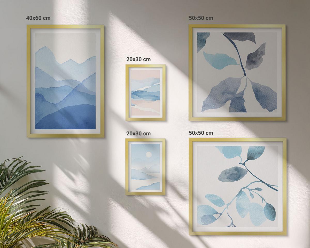 BILDER SET 5er Set - 50x50 cm & 20x30 cm & 40x60 cm Goldrahmen - Berglandschaften, Aquarellpflanzen - Goldfarben, Kunststoff (40/60cm) - TULUP