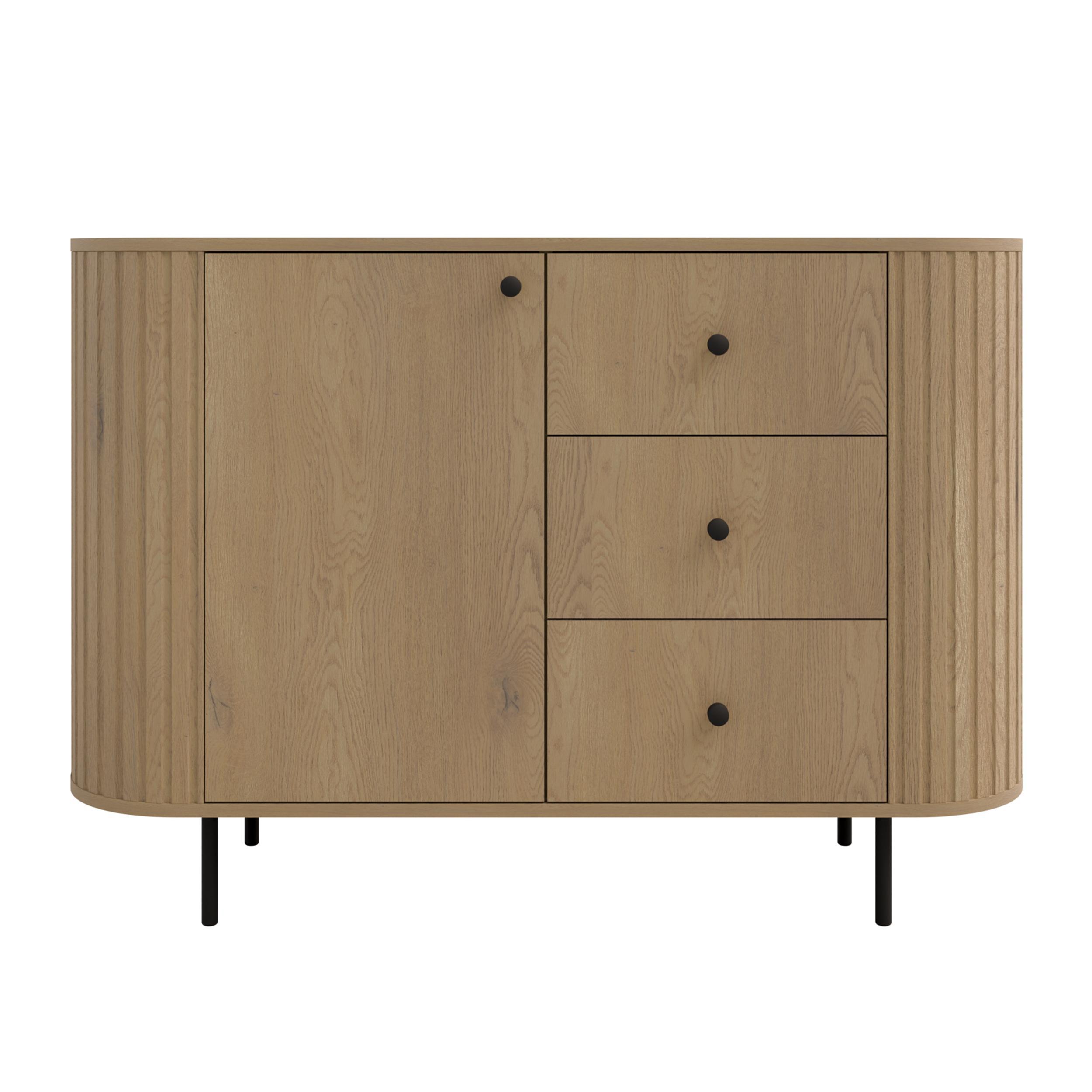 SIDEBOARD Halay Eiche Cremona, 1 Tür & 3 Schubladen Moderne Rillenstruktur 123 cm - Eichefarben/Schwarz, Holzwerkstoff/Metall (123/85.4/42.3cm) - AX Living