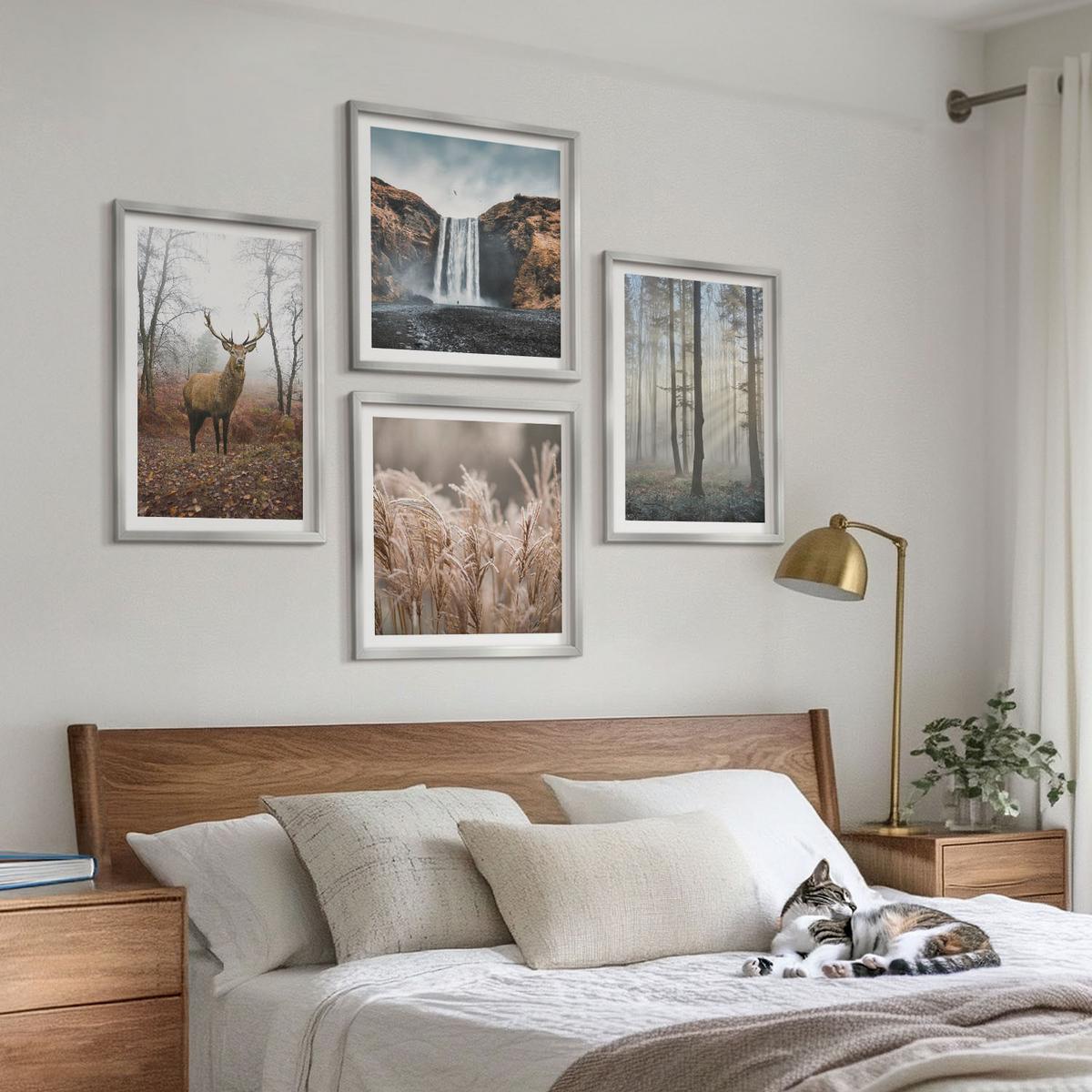 BILDER SET 4er Set - 50x50 cm & 40x60 cm Silberner Rahmen - Waldlandschaften der Wildnis - Silberfarben, Kunststoff (50/50cm) - TULUP
