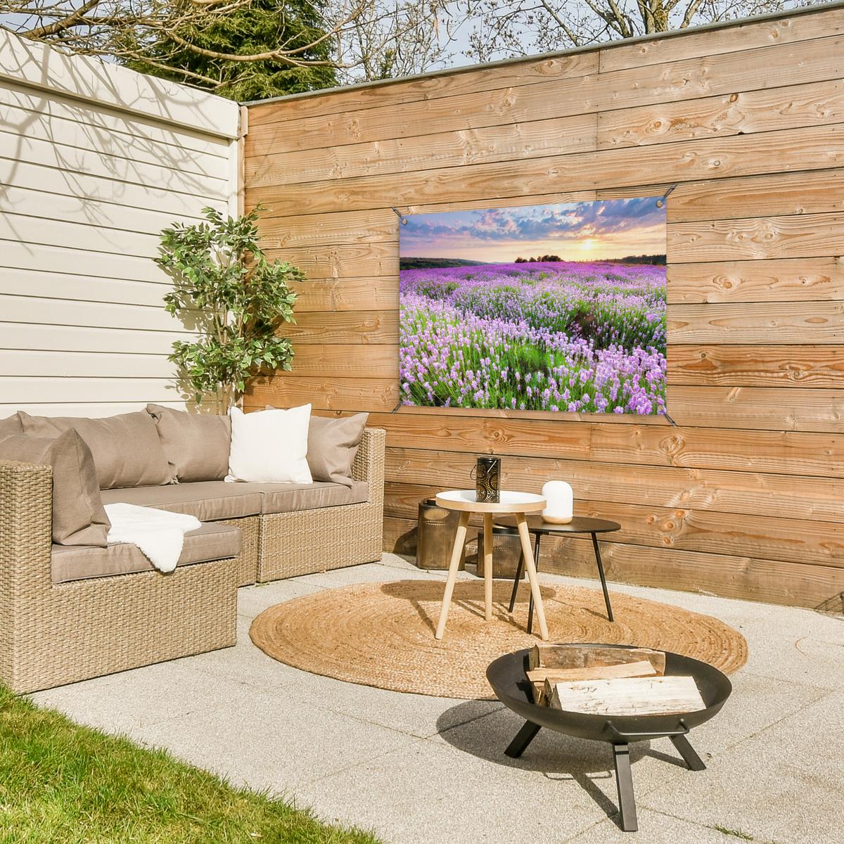 GARTENPOSTER Blumen - Lavendel - Lila - Himmel - Sonnenuntergang - Wiese - Natur Gartendeko 90x60 cm - Flieder, Kunststoff (90/60/0.2cm) - OnlyWow