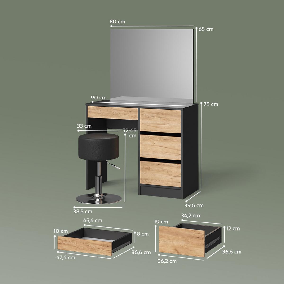 SCHMINKTISCH Imola Anthrazit/Goldkraft Eiche 90 cm mit Hocker - Honigeiche/Anthrazit, Holzwerkstoff (90/75/55cm) - Livinity®