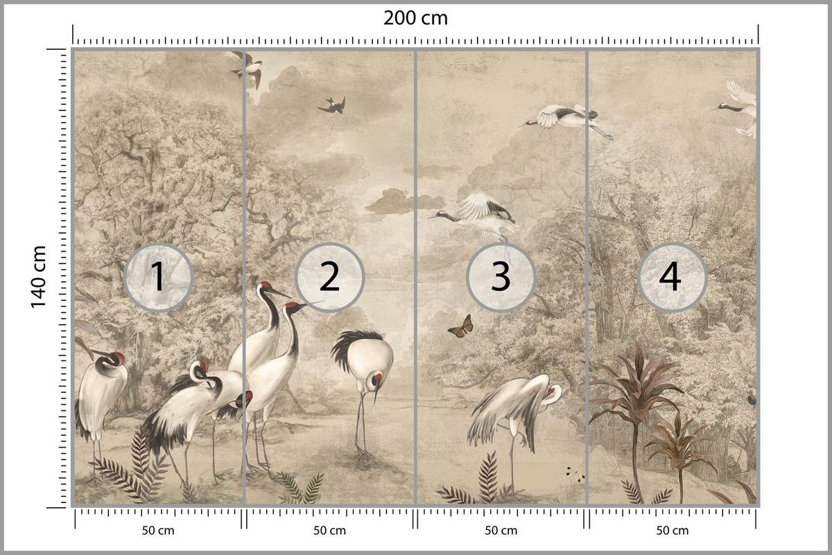 FOTOTAPETE für Schlafzimmer Retro Kraniche Wald Bäume Vögel 200x140 - Beige/Rot, Papier (200/140cm) - Muralo